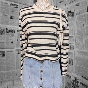 Classic Striped Black and White Long Zara Sweater Open Front Boho Layering Piece